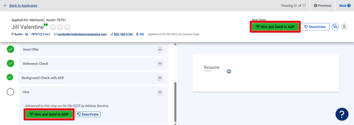 Applicant Profile page (Ready to Hire+Send to ADP) (highlights) (redux)