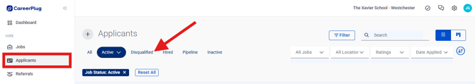 Applicant page, cropped (Nav Bar Expanded) Navigation, Disqualified