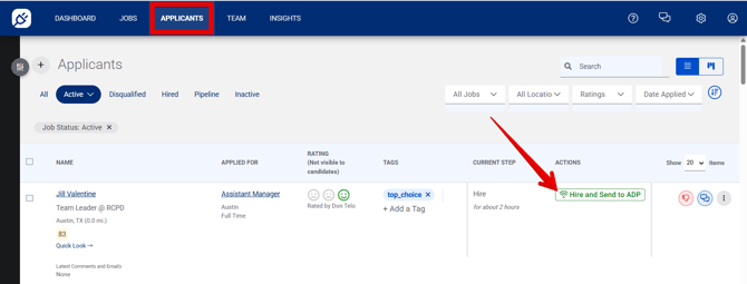 Applicants page (2.2.26) (ADP) (Hire and Sent to ADP visible) (highlights)