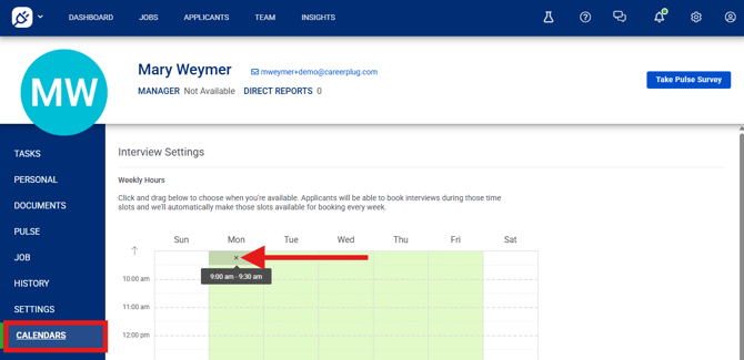 Calendars page, set weekly hours