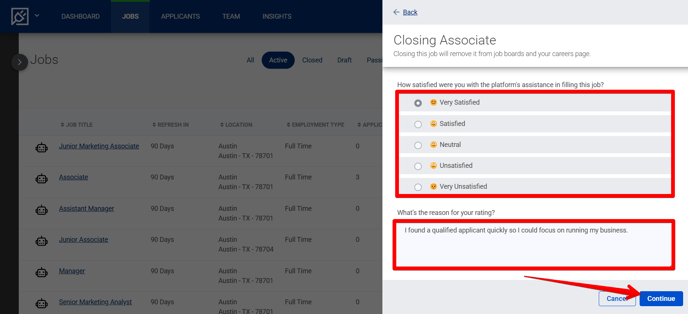 Closing Job Drawer - Satisfaction (selected+reason input) (highlights)