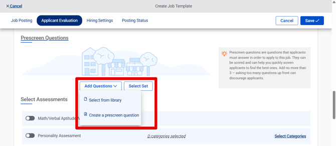 Create Job Template (1.7.26) (Prescreen Questions drop-down) (highlight)