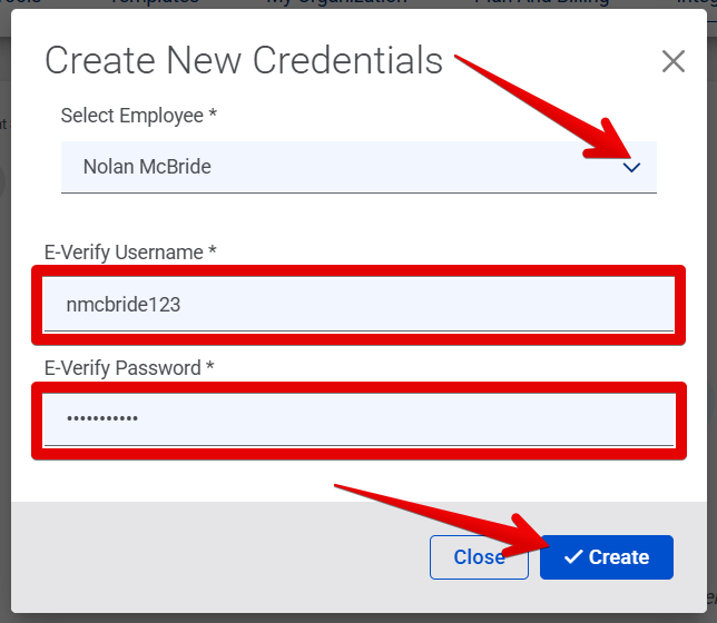 Create New Credentials pop-up (fields filled) (highlights)