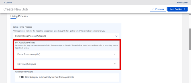 Create New Job - Hiring Settings (10.15.25) (Hiring Process + Offer Letter) (AP Defaults highlight)