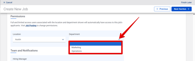 Create New Job - Hiring Settings (12.16.25) (Permissions+Department) (highlight)