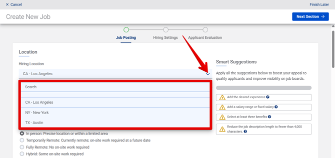 Create New Job - Job Posting (10.15.25) (No OB) (Hiring Location drop-down) (arrow+highlight)