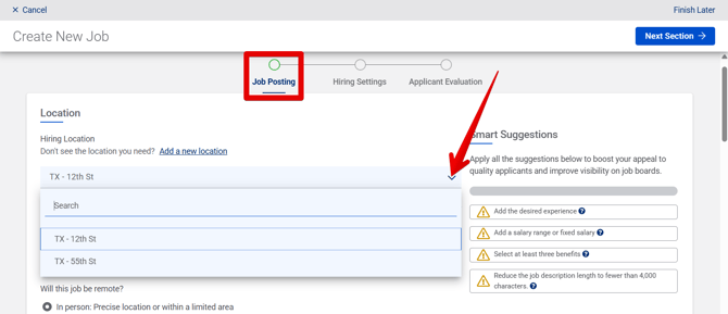 Create New Job - Job Posting (11.3.25) (ADP) (Hiring Location drop-down) (Permissions highlights)