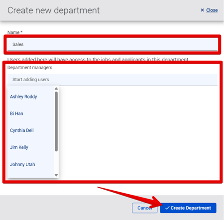 Create new department drawer (drop-down visible) (highlights)