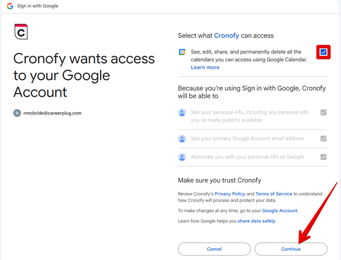 Cronofy Wants Access (Box checked) (highlights)