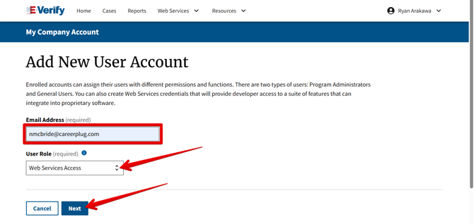 E-Verify - Add New User Account (fields filled) (highlights)