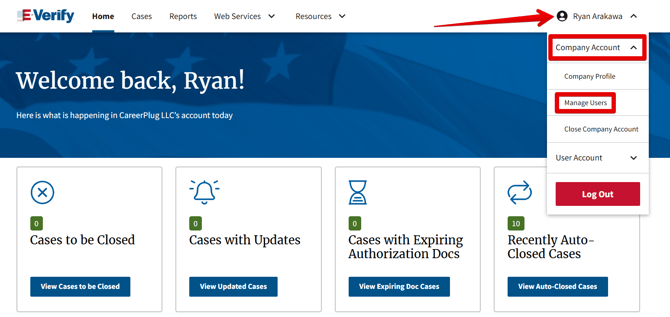 E-Verify Dashboard (Account drop-down) (Add user highlights)