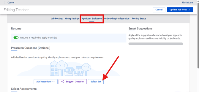 Edit Job - App Eval (8.12.26) (Prescreen section - empty) (Select Set highlights)
