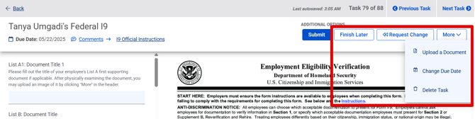 Employee Federal I-9 - Managers Side task (top) (More drop-down) (Addl Options highlight)