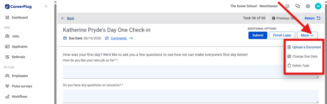 Employee Page, Another User, Individual Task, More Dropdown (Nav Bar Expanded) (dropdown highlights)
