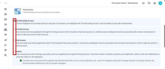 Employee Page, Another User, Settings, Permissions (6.23.26) (Nav bar minimized) All permissions highlighted