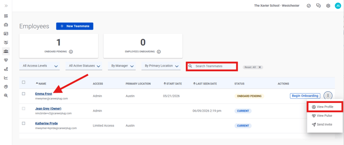 Employees Page, Three Dots (Nav Bar Minimized) Search, View Profile