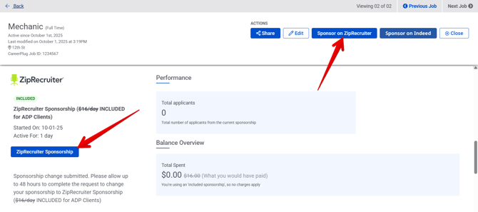 Job Profile page (ADP) (10.1.25) (ZipRecruiter Sponsorship section) (Button arrows) (22)