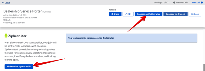 Job Profile page (ADP) (10.1.25) (ZipRecruiter Sponsorship section) (Job w out Sponsorship) (button arrows) (13)
