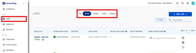 Jobs Page, Active (Nav Bar Expanded) Job statuses, navigation