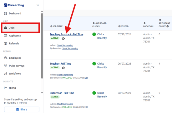 Jobs Page, Active, ZR Sponsorship Included, 3 Jobs (Nav Bar Expanded) (modified) (cropped) (Job title arrow + Jobs page highlights)