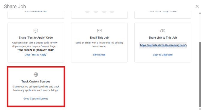 Jobs Page, Share, Custom Sources (7.16.26) Track custom sources tile