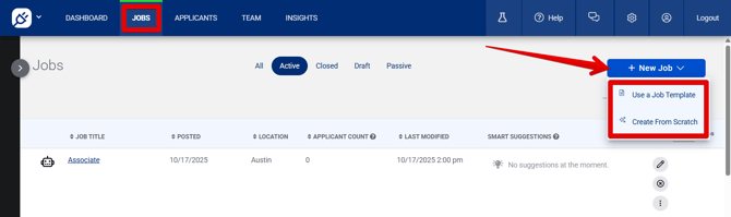 Jobs page (10.17.25) (New Job drop-down) (arrow + menu highlight + Jobs highlight)