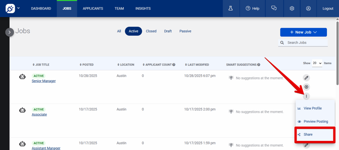 Jobs page (10.28.25) (Active tab) (three-dots drop-down) (Share highlights)