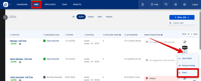 Jobs page (12.17.25) (More drop-down) (Share highlights)