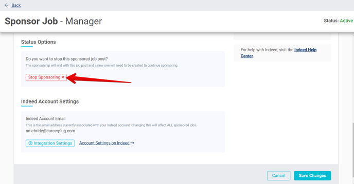 Sponsor Job (Indeed) (Billing tab) (Stop Sponsorship arrow).png