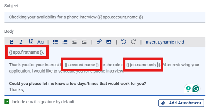 A screenshot showing dynamic custom fields in a message template