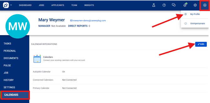 My profile, calendar page, edit calendar