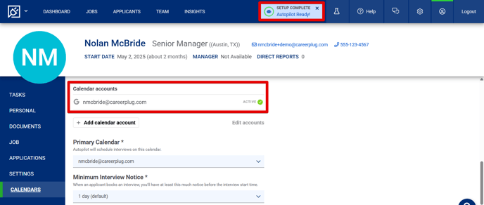 My Profile - Calendars tab (Calendar accts + Primary Cal + MinIntNot) (AP+Cal Ready highlights)