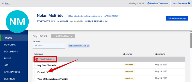 My Profile - Tasks tab (From Go to Tasks link) (highlights)