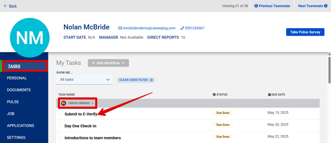My Profile - Tasks tab (Specific Emp+E-Verify task) (highlight)