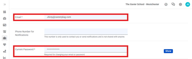 My Profile, Settings, Email Password (Nav Bar Minimized) Email, Password Highlighted (6.11.26)