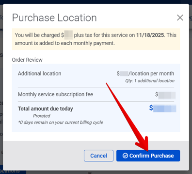 Purchase Location pop-up (Confirm Purchase arrow)