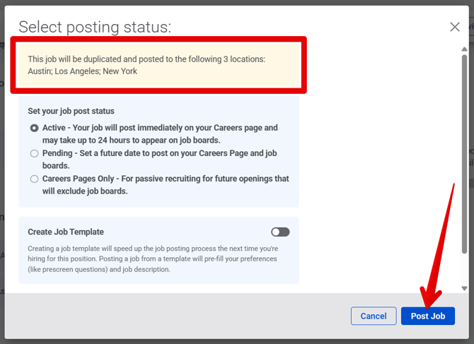 Select Posting Status pop-up (10.15.25) (Posting to mult Locations) (highlights)