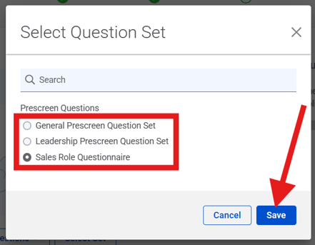 Select Question Set pop-up (highlights)