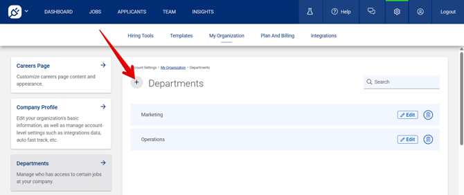 Settings - Departments (arrow)
