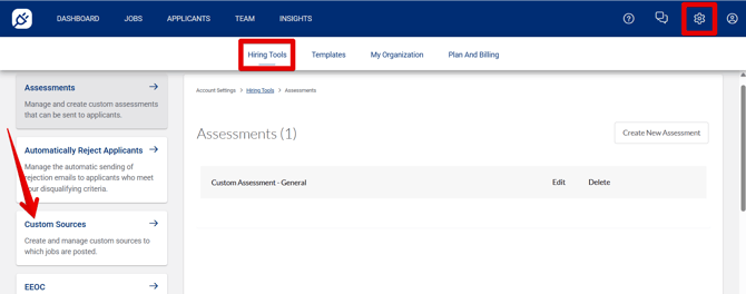 Settings - Hiring Tools (Assessments) (4.29.26) (Custom Sources arrow + nav highlights)