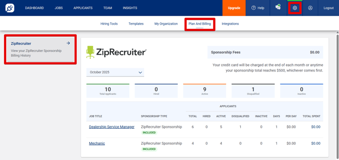 Settings - Plan & Billing - ZipRecruiter Sponsorship Summary (0 paid - only using included) (nav highlights)