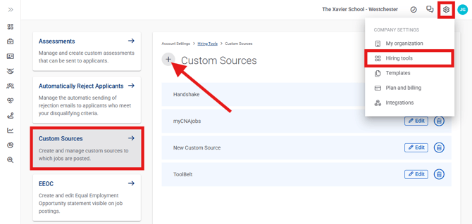 Settings, Hiring Tools (Nav Bar Minimized) Pointed to Plus