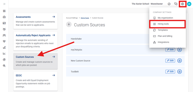 Settings, Hiring Tools (Nav Bar minimized) Pointed towards custom source