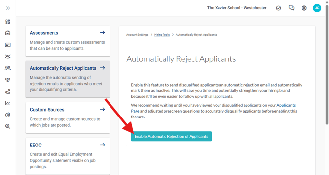 Settings, Hiring Tools, Automatically Reject Applicants (8.11.26)