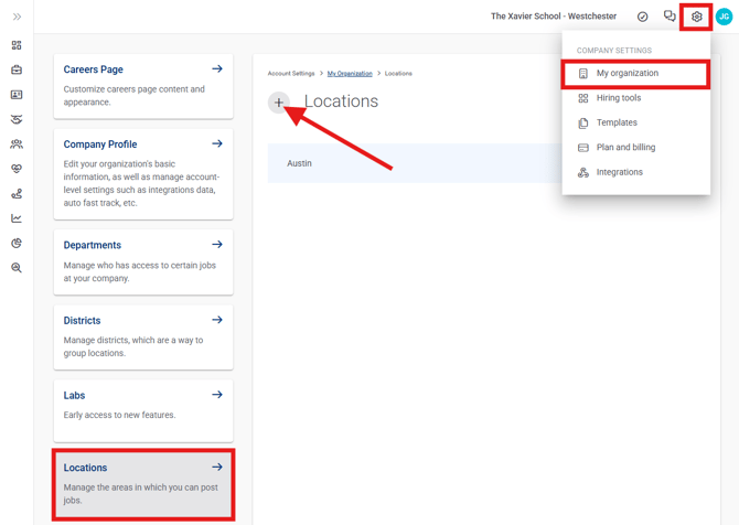 Settings, My Organization, Locations, Settings Expanded (Nav bar minimized) Pointed to plus sign