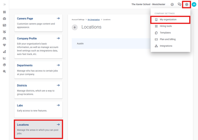 Settings, My Organization, Locations, Settings Expanded (Nav bar minimized)