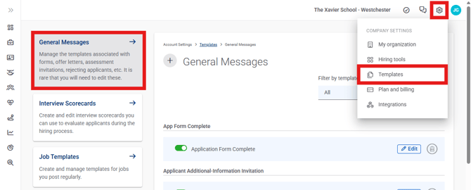 Settings, Template, General Messages (Nav bar minimized)