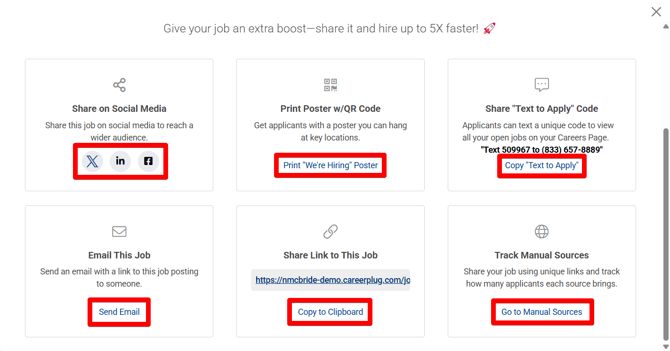 Share Job Modal (Job Posted) (bottom) (link highlights)
