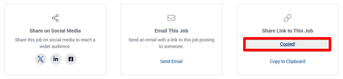 Share Job Modal (No QR or TTA) (Share Link Copied notification) (highlight)