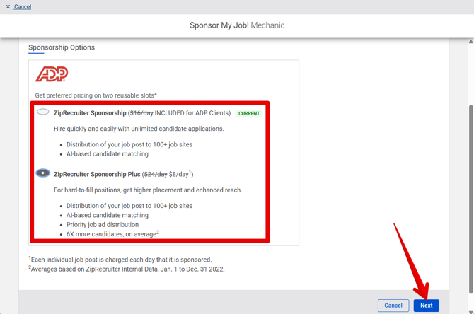Sponsor Job (ADP) (10.1.25) (Change Sponsorship on Incl) (Sponsorship Options w Next button) (highlights) (16)